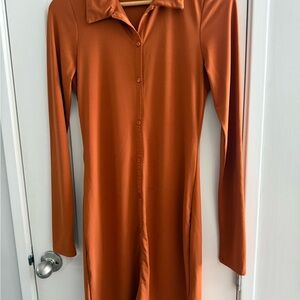 Abercrombie & Fitch Rust Colored MIDI Button Up Dress Officewear Monochrome